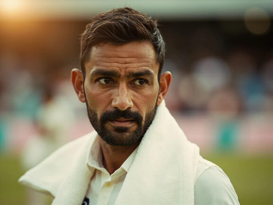 An Indian cricket captain in whites with a towel over one shoulder at golden hour.