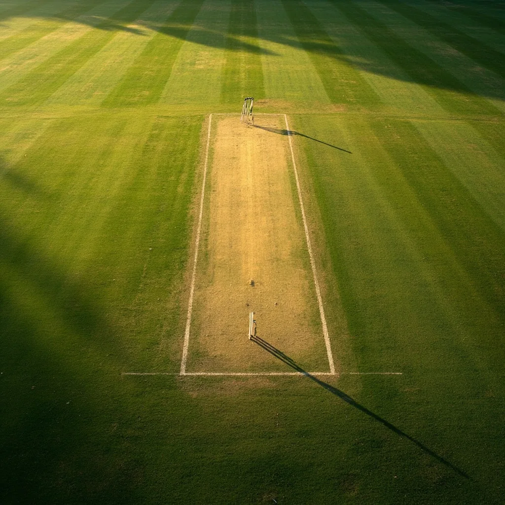An overhead view of an Indian cricket outfield with visible pitch strip and infield circle.
